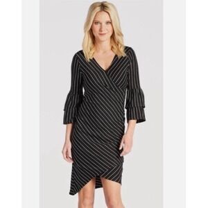 Anthropologie Sunday Brooklyn Black White‎ Striped Wrap Dress Bell Sleeve Small